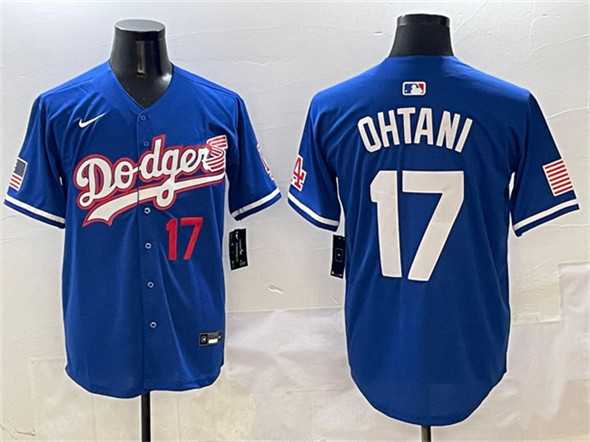 Mens Los Angeles Dodgers #17 Shohei Ohtani Royal With American Flag Patch Limited Stitched Jersey